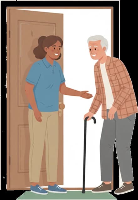 Illustration: a care worker greeting an older man with a cane at his front door.