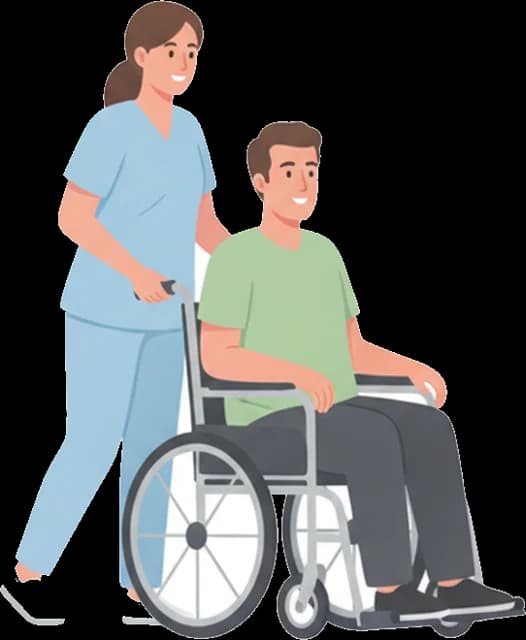 Illustration: a nurse pushing a patient in a wheelchair.