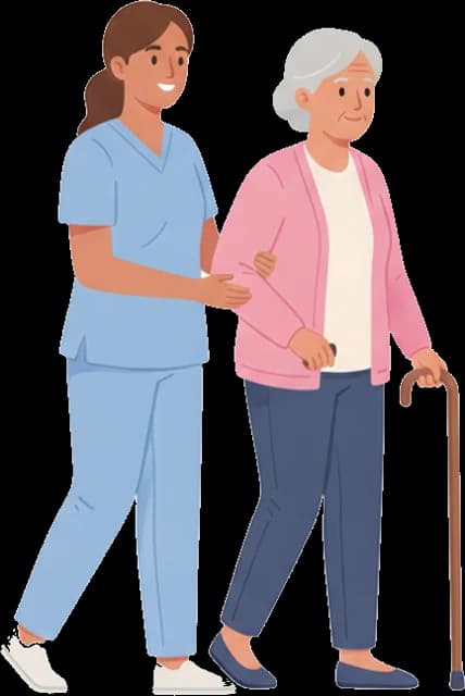 Illustration: a care aide walking arm in arm with an older woman using a cane.